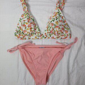 Shade & Shore 2 Piece Bikini Pink Bottoms White Floral Top Size Small NWT